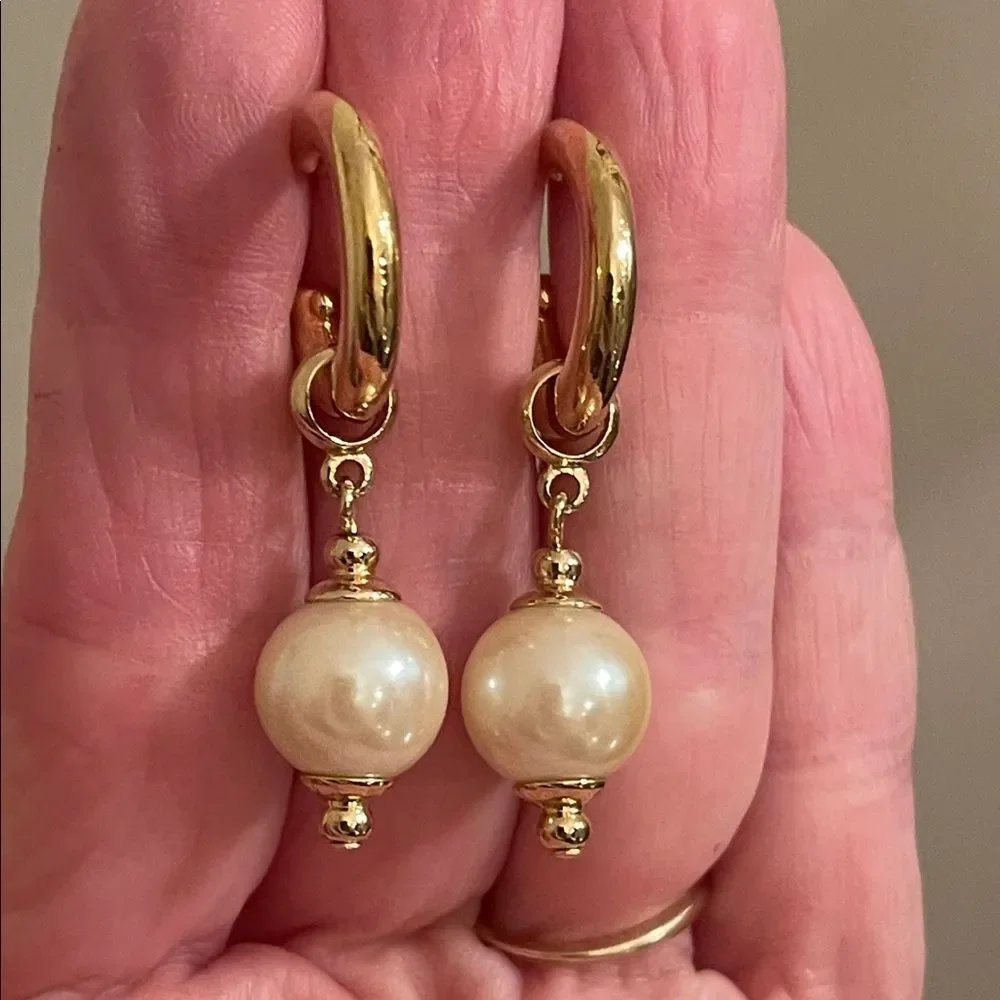 Vintage Gold-tone Hoops with Faux Pearl Charms- Drops - Picture 11 of 16
